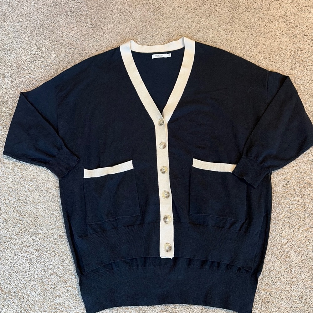 Mersea The Anywhere Cardigan Sweater Navy Blue Beige Button Down One Size